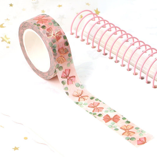Rose Gold Foil Pink Bow & Eucalyptus Leaf Washi Tape | 15mm x 10m | Planners Collage Scrapbook Journal