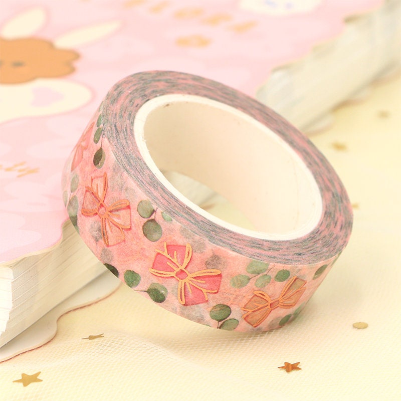 Rose Gold Foil Pink Bow & Eucalyptus Leaf Washi Tape | 15mm x 10m | Planners Collage Scrapbook Journal - SweetpeaStore