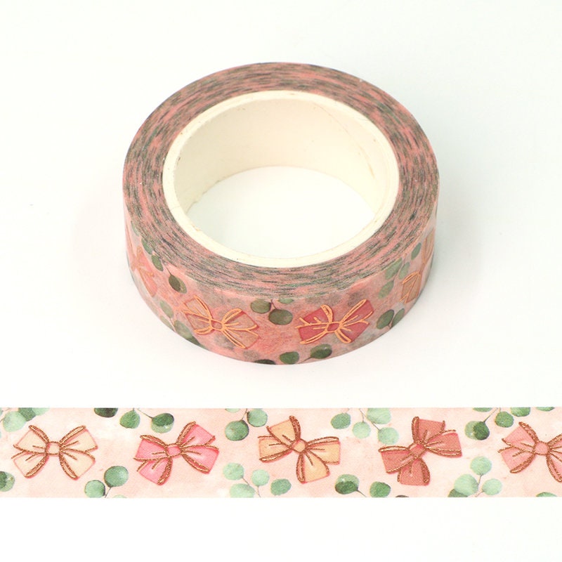 Rose Gold Foil Pink Bow & Eucalyptus Leaf Washi Tape | 15mm x 10m | Planners Collage Scrapbook Journal - SweetpeaStore