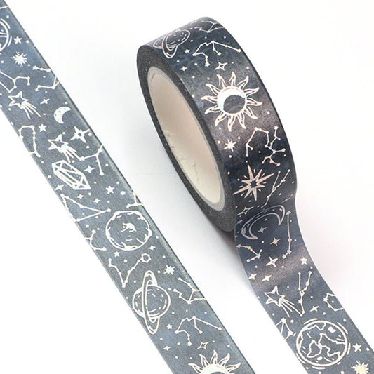 Celestial Starry Sky Metallic Foil Blue Washi Tape | 1.5cm x 10m | Journalling Craft Stationery