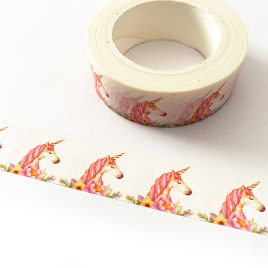 Pink Unicorn Washi Tape | Pastel Paper White | 15mm x 10m | Stationery Craft Journalling Scrapbooking