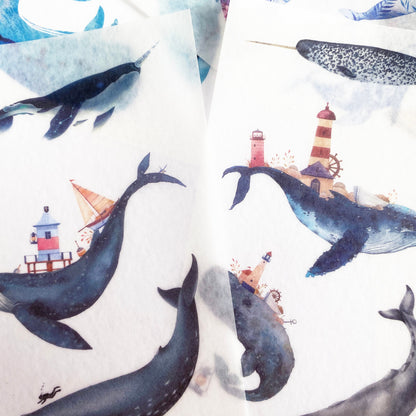 Watercolour Whale Washi Paper Sticker Set | 6 Sheets | Scrapbooking Paper Craft Stationery