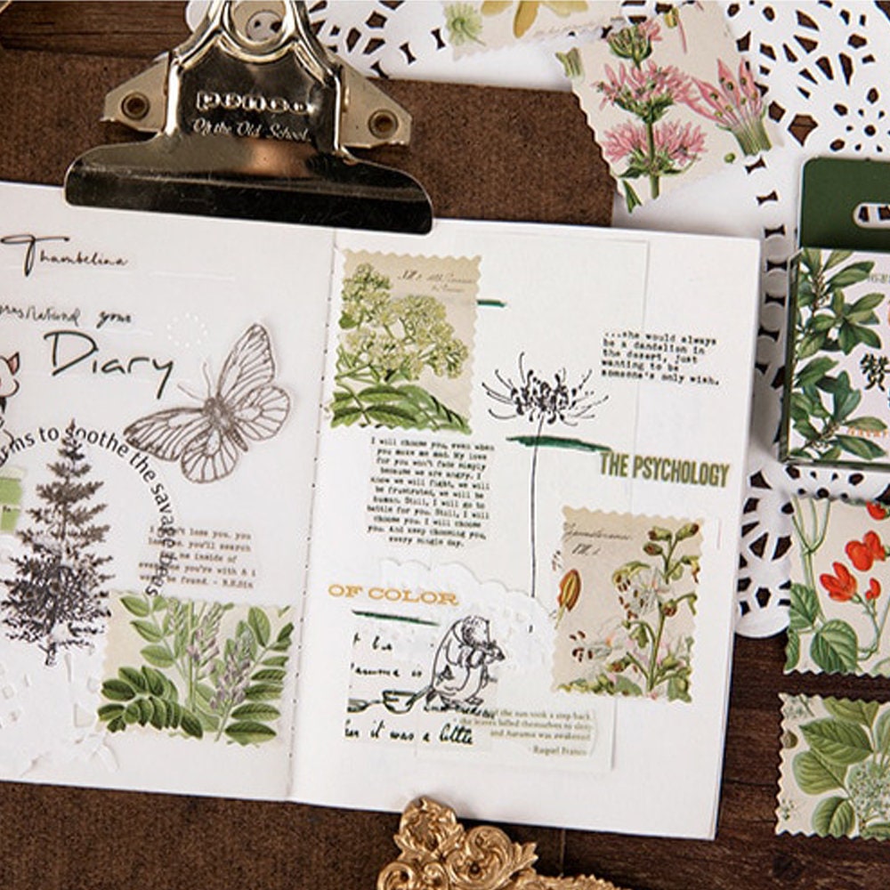 Flowers & Plants Stamp Stickers | Vintage Country Garden Botanical Drawings Mini Box Peel Off Sticker | Scrapbooking Albums | Set of 46 - SweetpeaStore