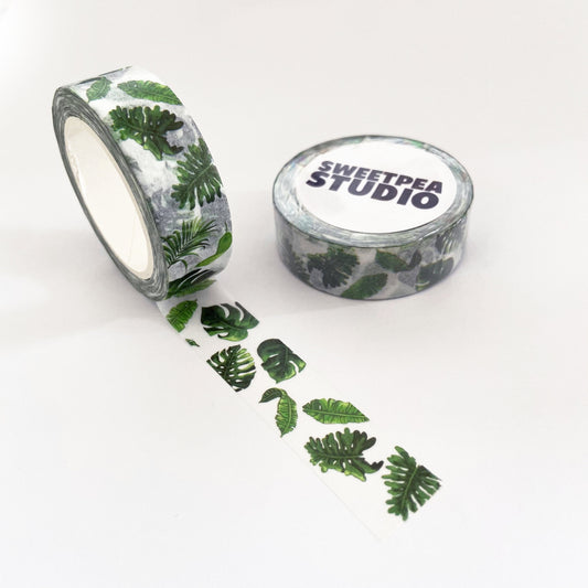 Green & White Rubber House Plant Paper Washi Tape | 15mm x 10m | Stationery Craft Journalling Scrapbooking Journal