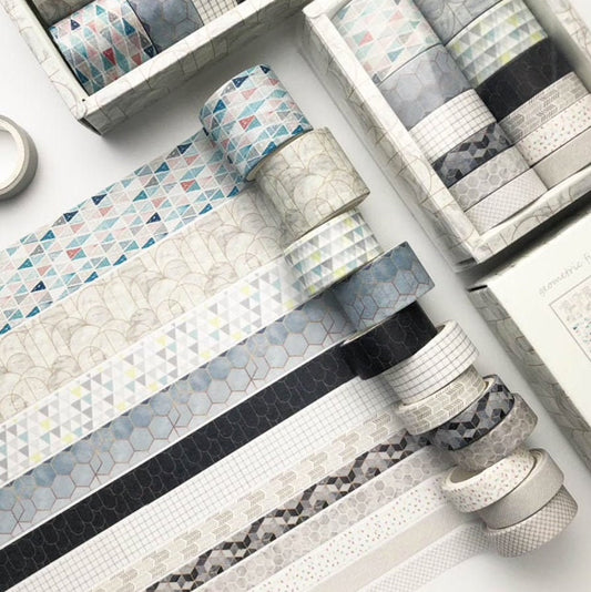 Grey Geometric Washi Tape Print & Solid Paper | Set of 12 | Journalling Scrapbooking - SweetpeaStore