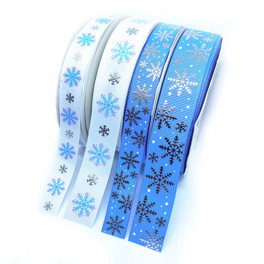 Snowflake Grosgrain Ribbon Blue or White Silver Metallic 16mm or 22m | Wrapping