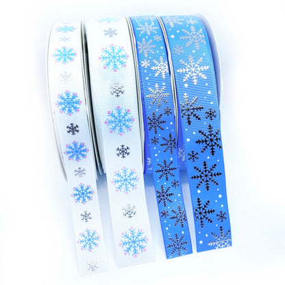 Snowflake Grosgrain Ribbon Blue or White Silver Metallic 16mm or 22m | Wrapping