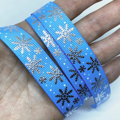 Snowflake Grosgrain Ribbon Blue or White Silver Metallic 16mm or 22m | Wrapping