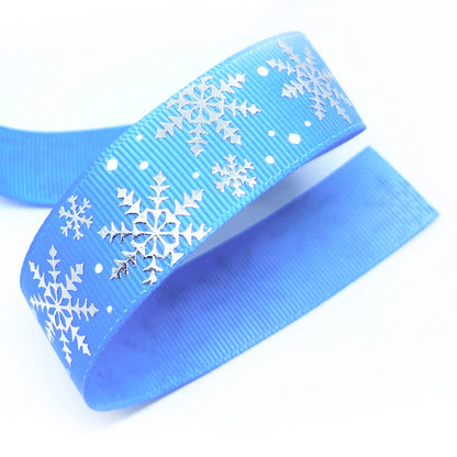 Snowflake Grosgrain Ribbon Blue or White Silver Metallic 16mm or 22m | Wrapping