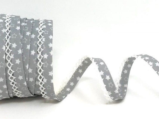 Bias Binding with Pique Lace Edge Trim | 12mm Grey & White Star Print Pre-Folded - SweetpeaStore