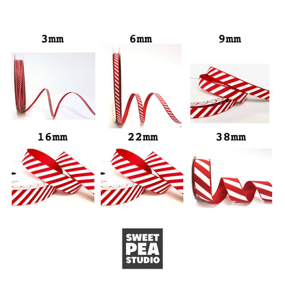 22mm Red & White Stripe Candy Cane Grosgrain Ribbon | Wrapping Craft Cards Decorations | Metre or 25m ROLL - SweetpeaStore