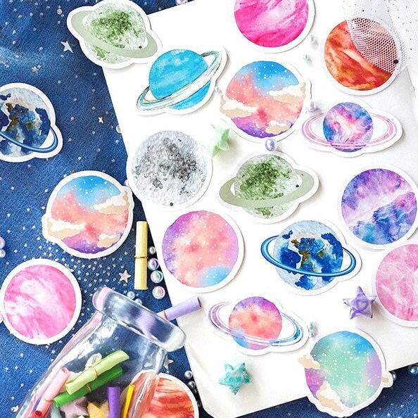 Planets & Moon Stickers Cosmic Space Mini Box | 45 Peel Off Sticker| Scrapbooking Journalling Celestial - SweetpeaStore