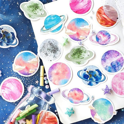 Planets & Moon Stickers Cosmic Space Mini Box | 45 Peel Off Sticker| Scrapbooking Journalling Celestial - SweetpeaStore