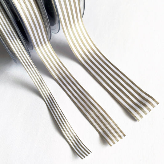 Warm Grey & White Nautical Stripe Ribbon | 9mm 16mm 25mm | Per Metre or FULL ROLL| Lightweight Polyester | Sewing Wrapping