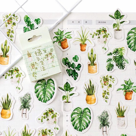 Green Plant Stickers | Pot Plants Leaf Cactus | Mini Box Peel Off Sticker | Scrapbooking Journalling - SweetpeaStore