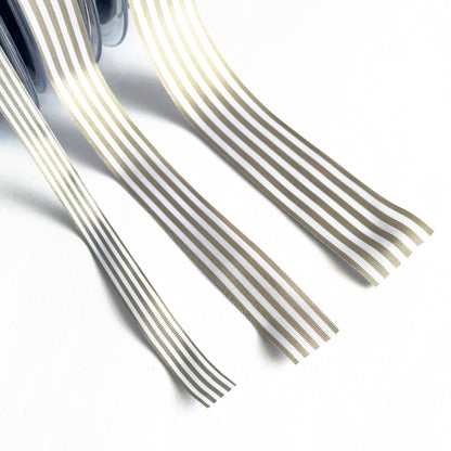 Warm Grey & White Nautical Stripe Ribbon | 9mm 16mm 25mm | Per Metre or FULL ROLL| Lightweight Polyester | Sewing Wrapping
