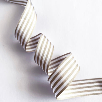 Warm Grey & White Nautical Stripe Ribbon | 9mm 16mm 25mm | Per Metre or FULL ROLL| Lightweight Polyester | Sewing Wrapping