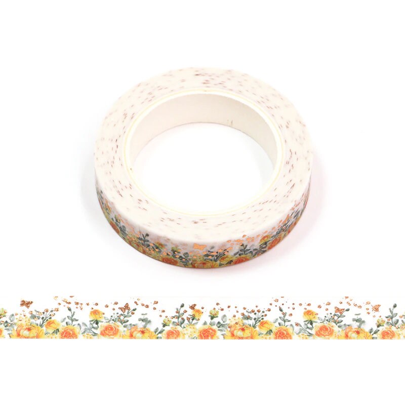 Foiled Rose Gold Butterfly & Yellow Orange Roses Floral Washi Tape | 10mm x 10m | Stationery Journalling Scrapbooking Photo Album