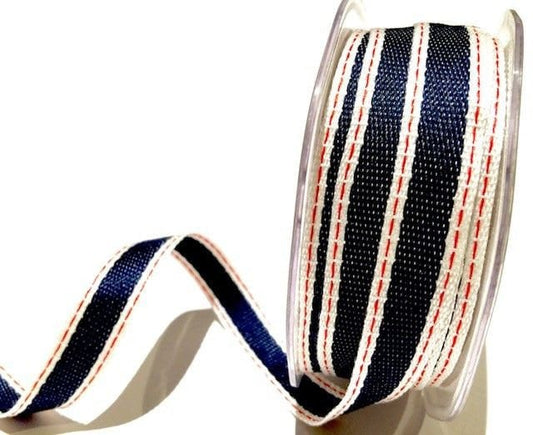 15mm Navy Red & White Saddle Stitch Ribbon | Per Metre or Full 15m Roll | Sewing Craft Wrapping - SweetpeaStore