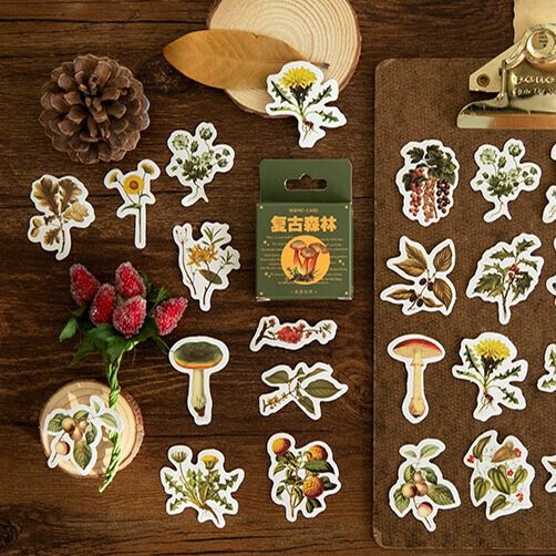 Autumn Forest Stickers Forest Flowers & Fungus Dandelion Mini Box | 46 Peel Off Sticker | Scrapbooking Journalling