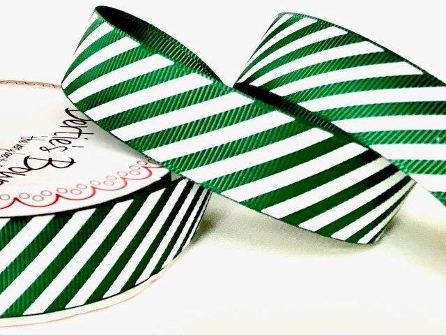 Green & White Ribbon Christmas Candy Cane Stripe Grosgrain | 16mm 1m or Full 25m Roll | Wrap Bow - SweetpeaStore