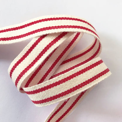 Ribbon Red & Cream Stripe | Cotton Ticking 16mm | Wrapping Woven 1m or 20m Roll