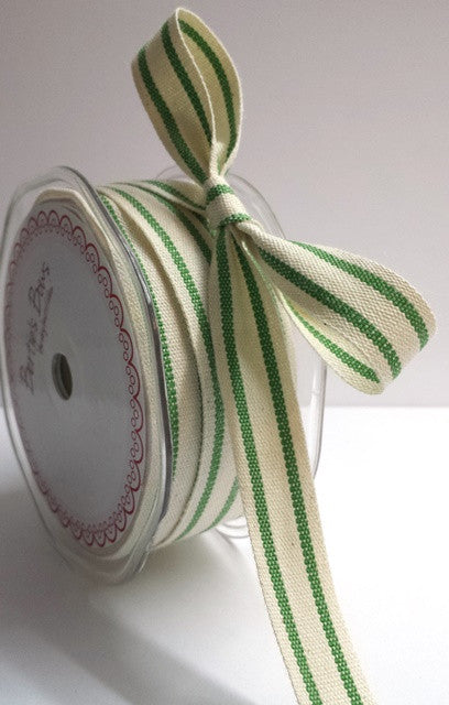 Cotton Ribbon | Green Cream Stripe Woven Cotton Ticking | 1m 20m Roll