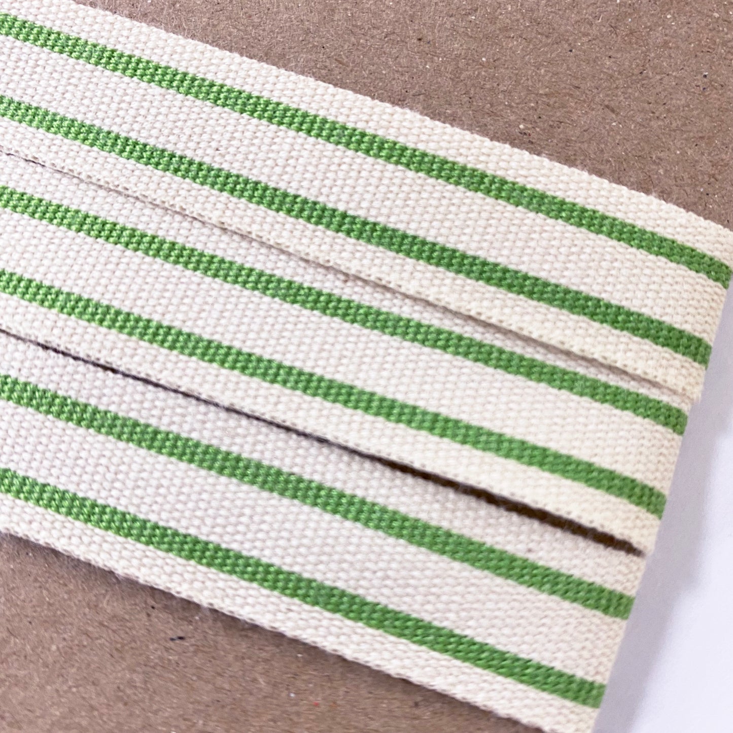 Cotton Ribbon | Green Cream Stripe Woven Cotton Ticking | 1m 20m Roll