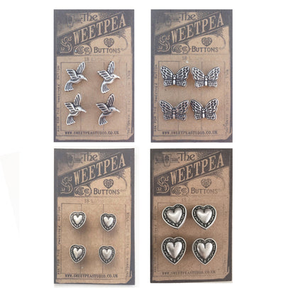 Metal Buttons Silver Coloured | Bird Heart Butterfly | Sewing Dressmaking Craft