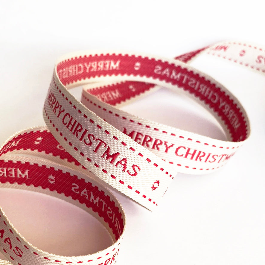 Merry Christmas Ribbon | Red & Cream Woven 15mm | Gift Wrapping Craft - SweetpeaStore