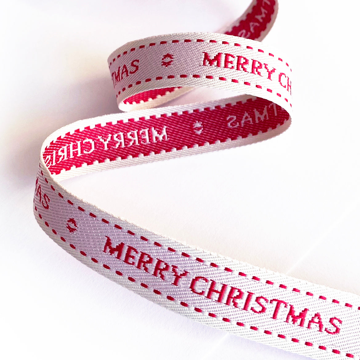 Merry Christmas Ribbon | Red & Cream Woven 15mm | Gift Wrapping Craft - SweetpeaStore