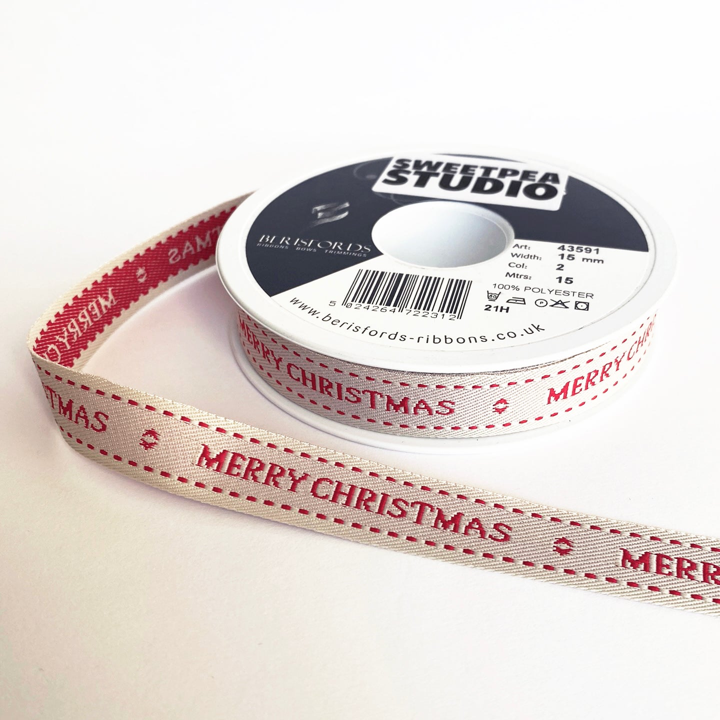 Merry Christmas Ribbon | Red & Cream Woven 15mm | Gift Wrapping Craft - SweetpeaStore