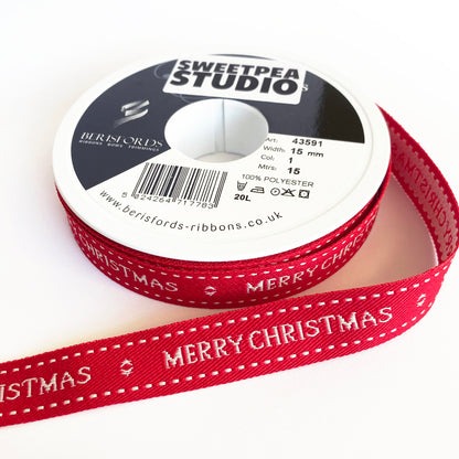 Merry Christmas Ribbon | Red & Cream Woven 15mm | Gift Wrapping Craft - SweetpeaStore