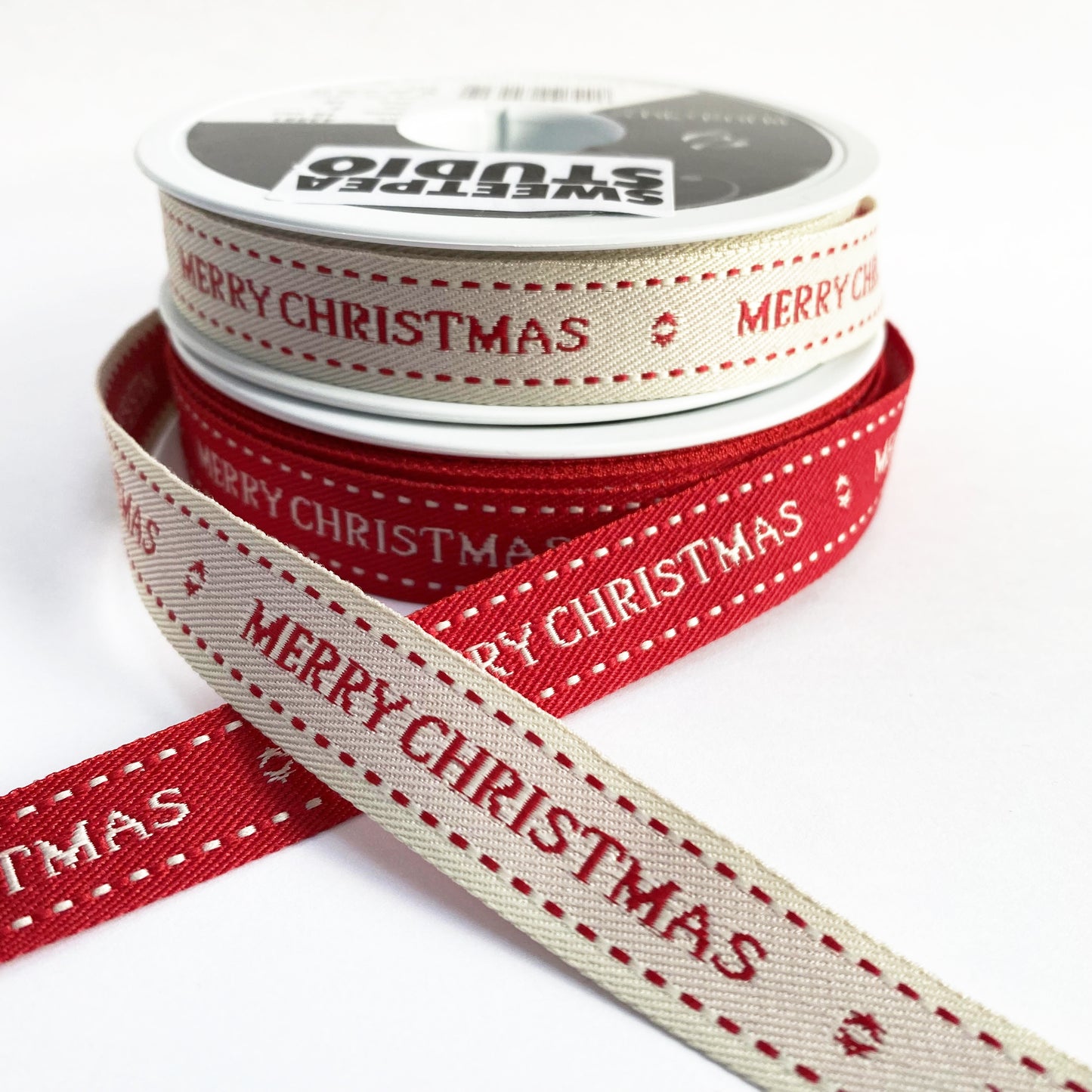 Merry Christmas Ribbon | Red & Cream Woven 15mm | Gift Wrapping Craft - SweetpeaStore