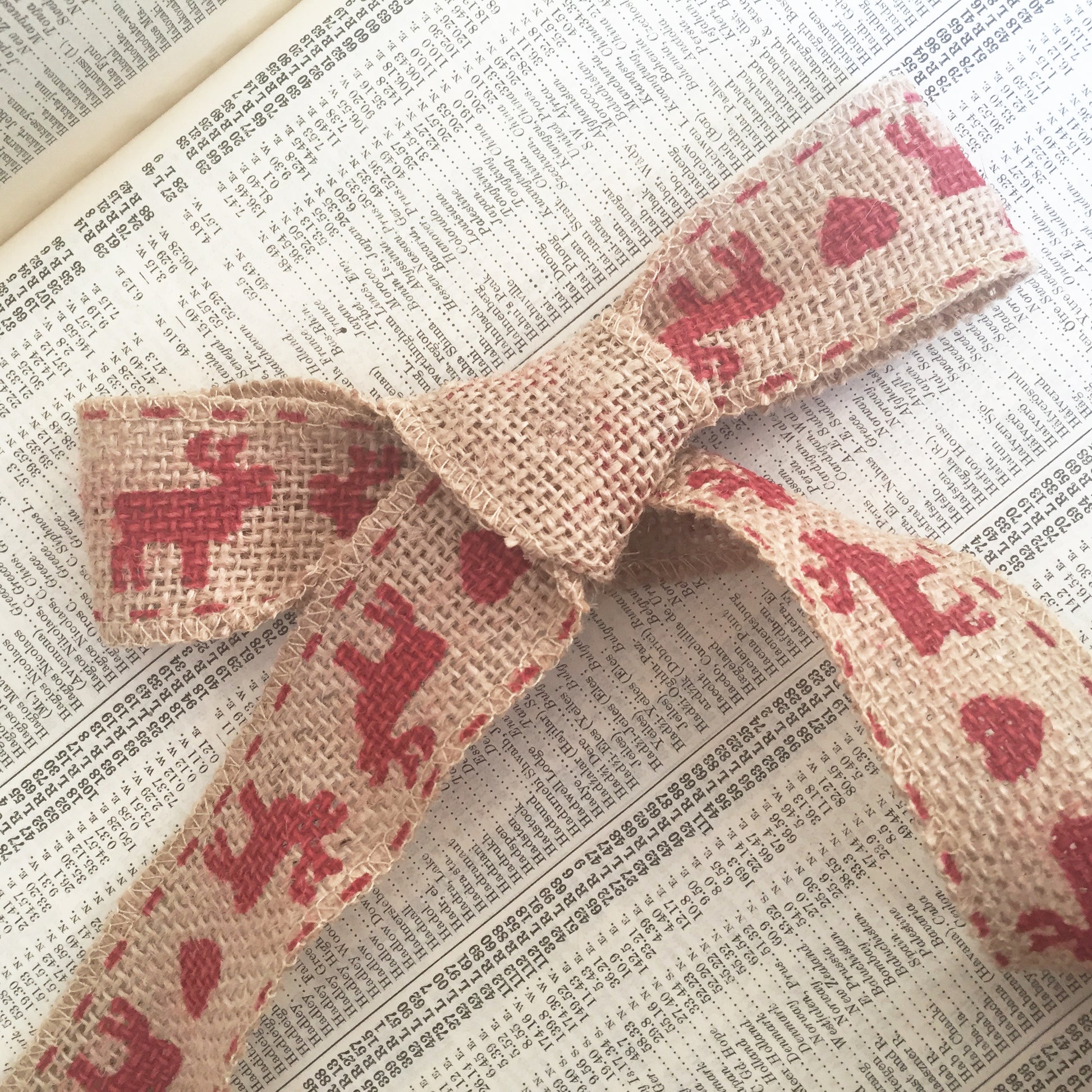 Hessian Reindeer Christmas Ribbon | Red Stag & Heart 38mm | Wrapping Tree Home - SweetpeaStore