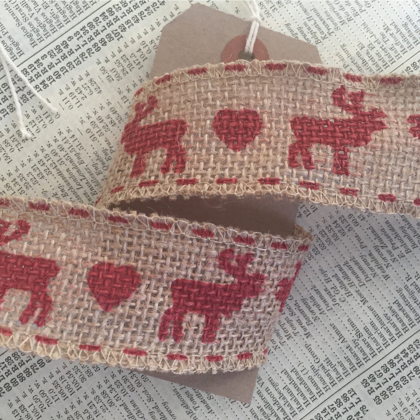 Hessian Reindeer Christmas Ribbon | Red Stag & Heart 38mm | Wrapping Tree Home - SweetpeaStore