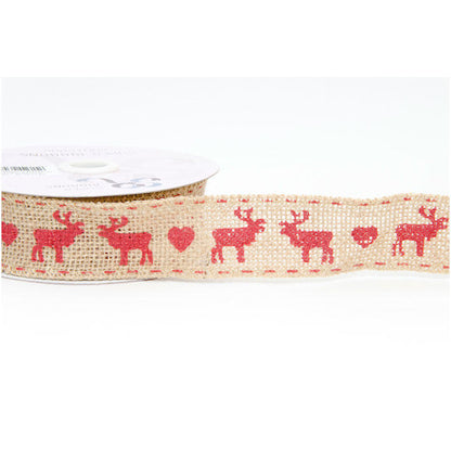Hessian Reindeer Christmas Ribbon | Red Stag & Heart 38mm | Wrapping Tree Home - SweetpeaStore