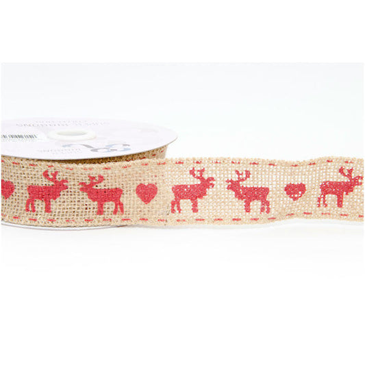Hessian Reindeer Christmas Ribbon | Red Stag & Heart 38mm | Wrapping Tree Home - SweetpeaStore