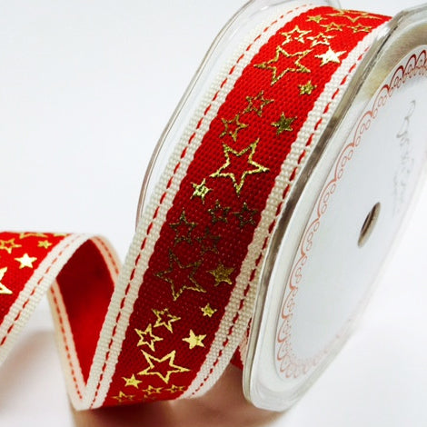 Metallic Star Ribbon | 25mm Gold Silver Red Green Gold Silver Grey | Wrapping Craft | 1m or Full 10 Roll - SweetpeaStore