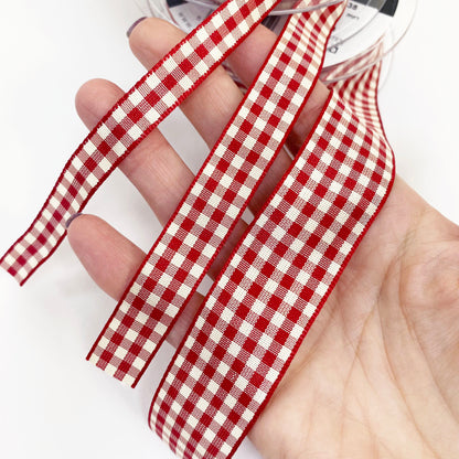 Red & Cream Gingham Ribbon 10mm 15mm 25mm 1m or Full 20m Roll Craft Sewing Home Decor