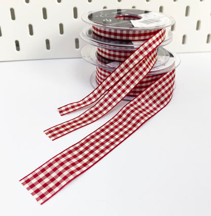 Red & Cream Gingham Ribbon 10mm 15mm 25mm 1m or Full 20m Roll Craft Sewing Home Decor