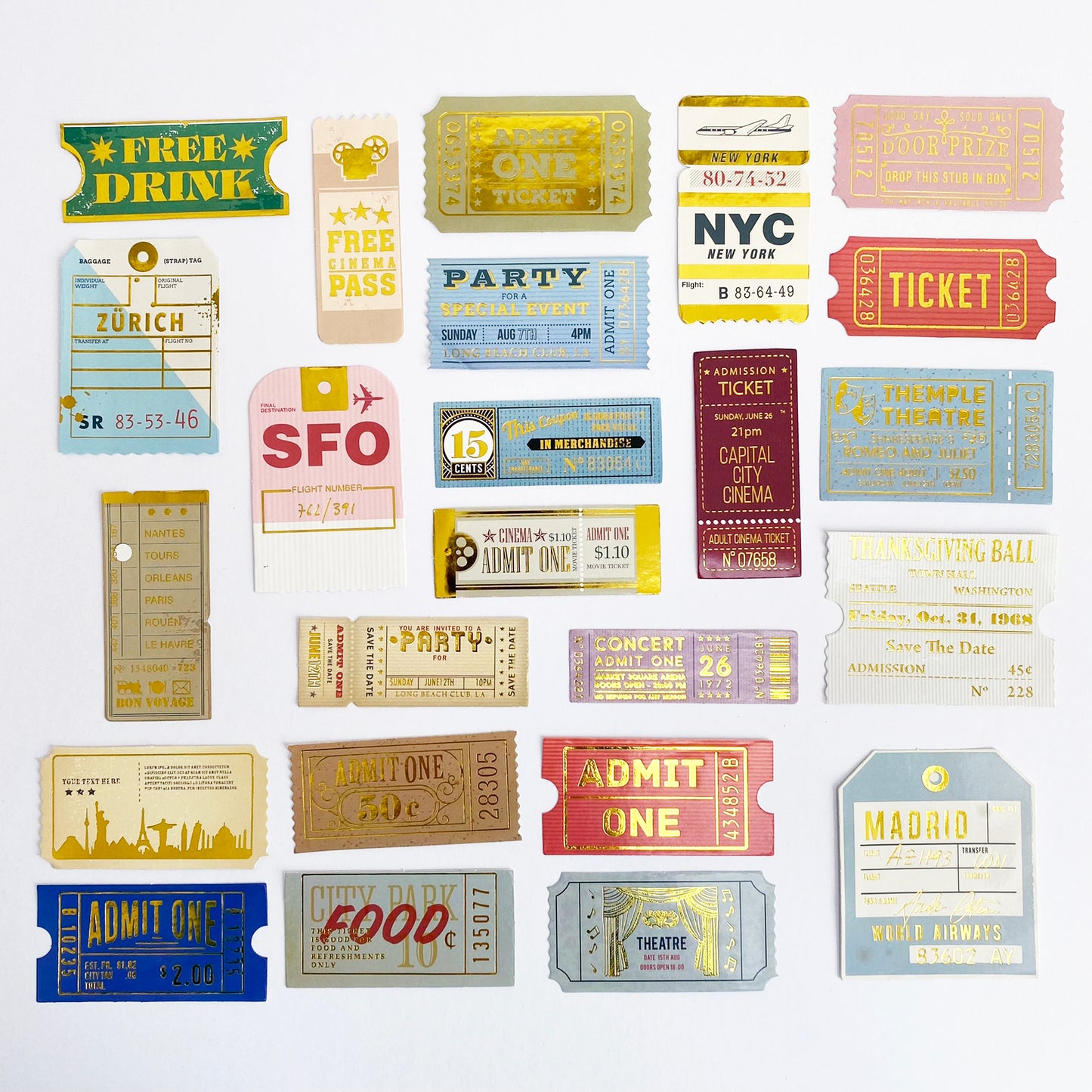 Ticket Travel Stickers | Gold Foil Paper Peel Off | Journal Scrapbook Vintage 24