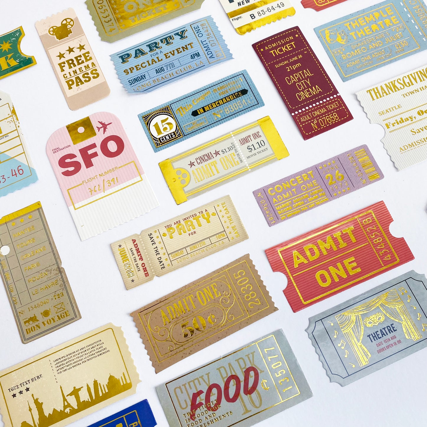 Ticket Travel Stickers | Gold Foil Paper Peel Off | Journal Scrapbook Vintage 24