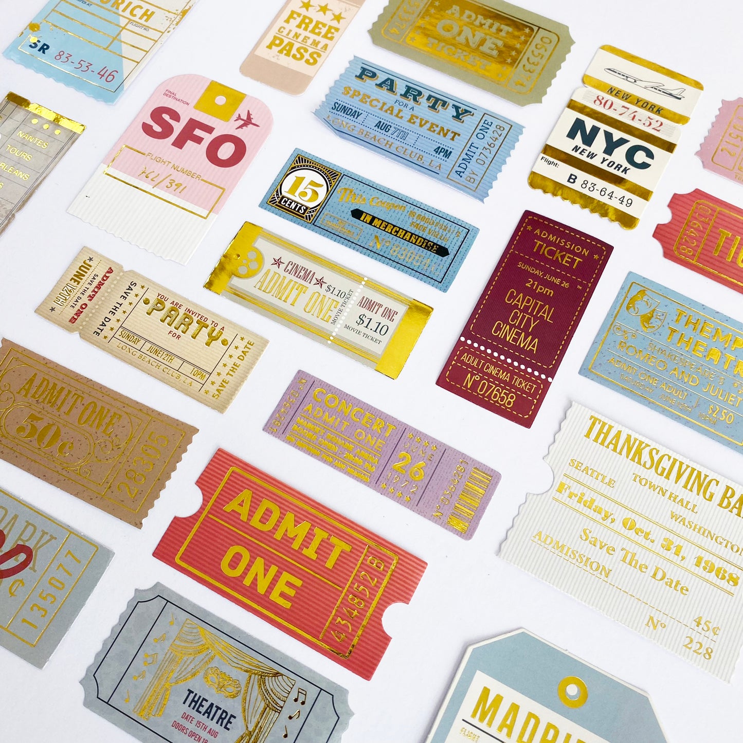 Ticket Travel Stickers | Gold Foil Paper Peel Off | Journal Scrapbook Vintage 24