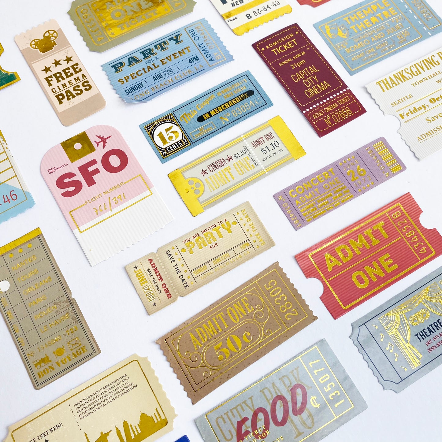 Ticket Travel Stickers | Gold Foil Paper Peel Off | Journal Scrapbook Vintage 24 - SweetpeaStore