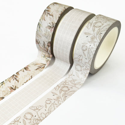 Floral Washi Tape Set of 3 | Neutral Tones | 1.5cm x 10m x 3 | Stationery Scrapbooking Journalling