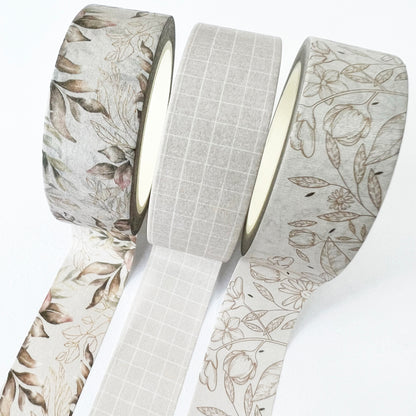 Floral Washi Tape Set of 3 | Neutral Tones | 1.5cm x 10m x 3 | Stationery Scrapbooking Journalling - SweetpeaStore