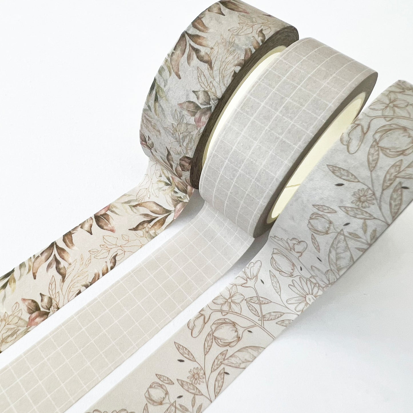 Floral Washi Tape Set of 3 | Neutral Tones | 1.5cm x 10m x 3 | Stationery Scrapbooking Journalling - SweetpeaStore