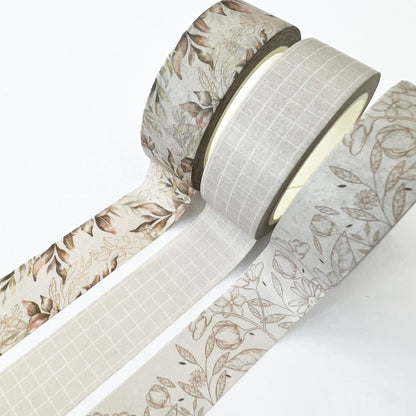 Floral Washi Tape Set of 3 | Neutral Tones | 1.5cm x 10m x 3 | Stationery Scrapbooking Journalling - SweetpeaStore