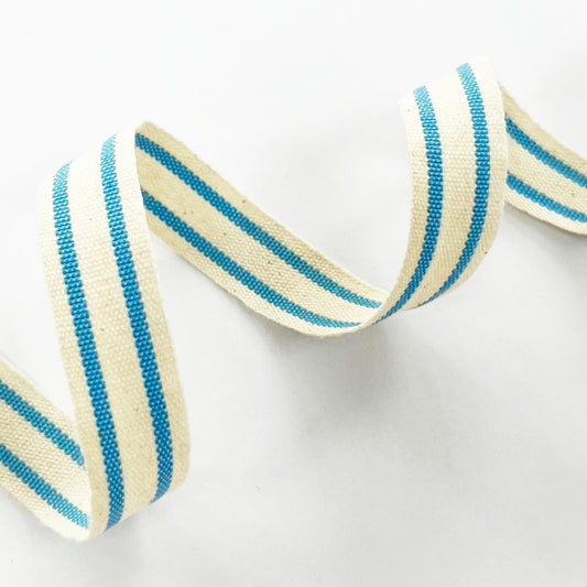 Sky Blue & Cream Ribbon | Stripe Cotton Rustic Ticking 16mm | 1m or 20m Roll